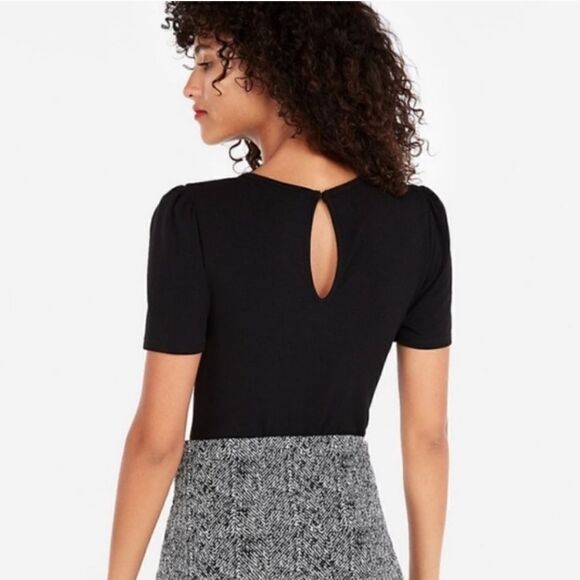 Express Black Puff Short Sleeve Chiffon Blouse Top With Keyhole Back Size S - Picture 2 of 10